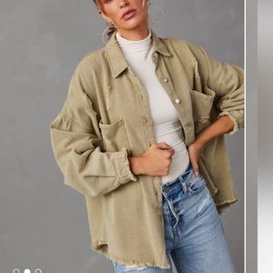 VICI THINKING OUT LOUD COTTON DISTRESSED DENIM JACKET - SAGE
